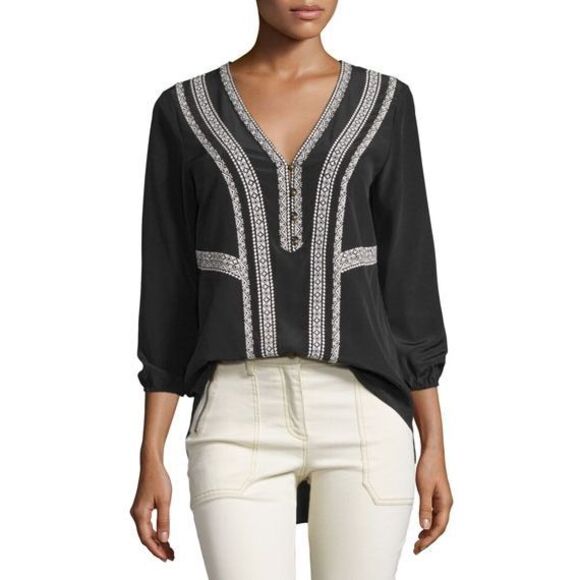 Veronica Beard Loreto Embroidered Silk 3/4 Sleeve Blouse Black Size 2 - Picture 1 of 16
